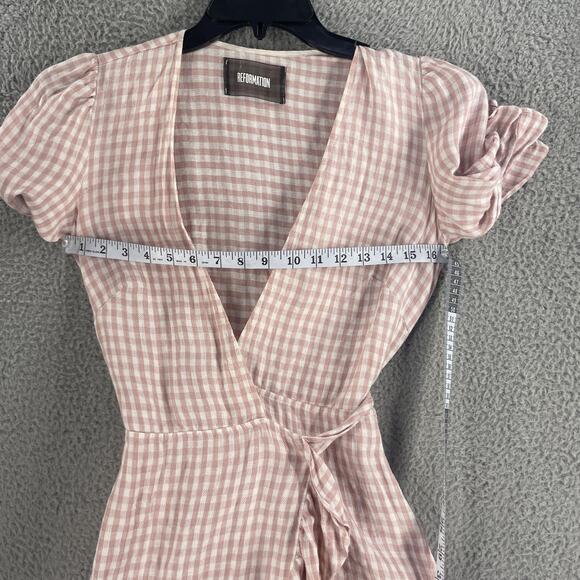 Reformation Dress Womens Small Pink Gingham Linen Wrap Ruffle Mini USA - Picture 3 of 15